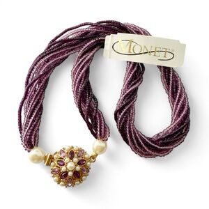 Vintage Monet Purple Multi Strand Beaded Faux Pearl Crystal Clasp Necklace
